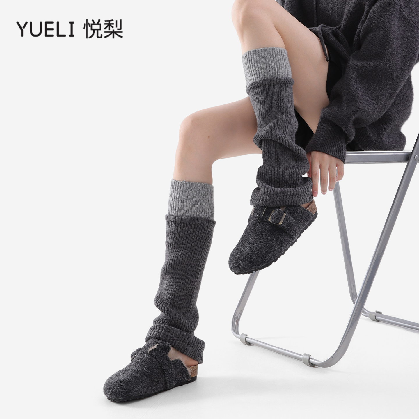 韩版烟灰色针织miu系袜套女秋冬喇叭拼色y2k辣妹风腿套堆堆袜ins