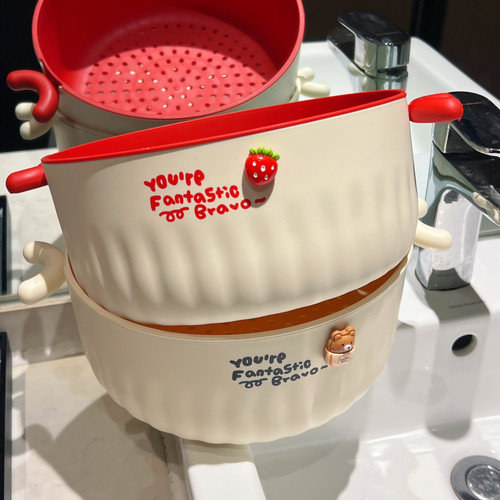 奶油风沥水篮多巴胺果篮圆形双层洗菜篮子厨房加厚蔬菜水果收纳篮
