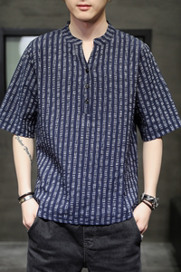 男士夏季短袖T恤棉麻风大码潮印花刺绣缎彩QT4066-T117图片