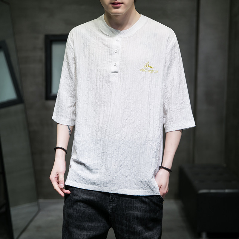 男士夏季短袖T恤棉麻风大码潮印花刺绣透QT4066-T2110图片