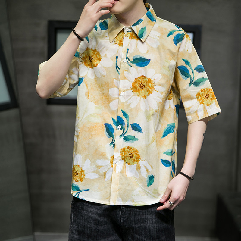 大码短袖衬衫免烫宽松潮花夏款休闲刺绣T恤QT4066-T2118-P55,男装衬衫,电商A227