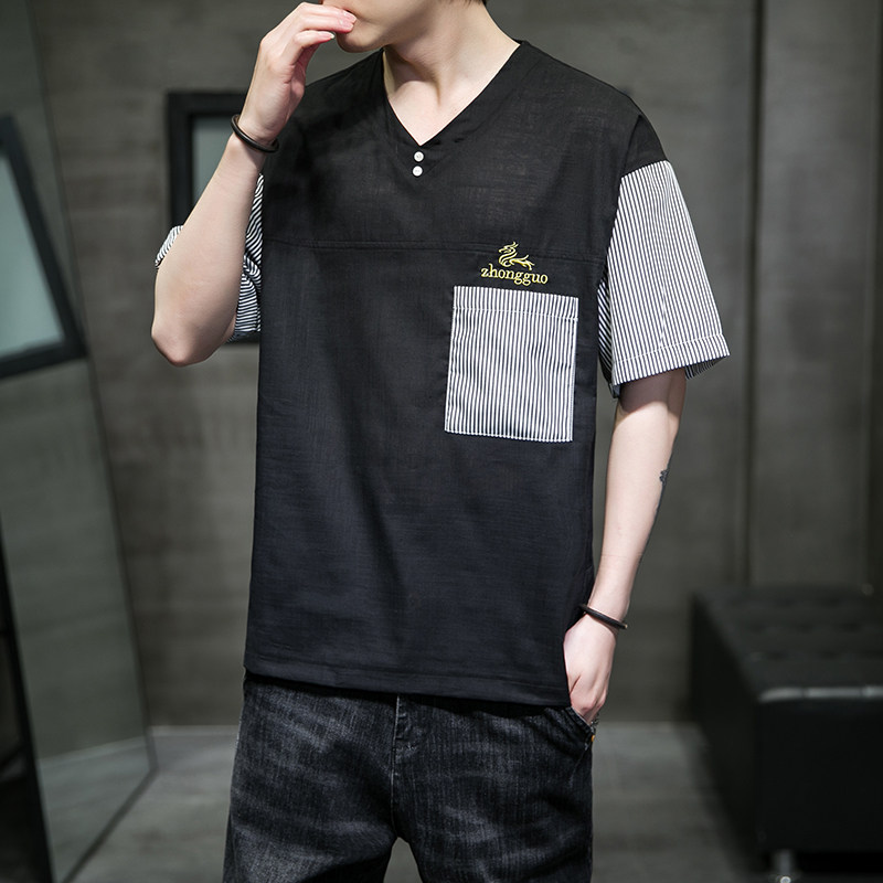 男士夏季短袖T恤棉麻风大码潮印花刺绣透QT4066-T2111-P55图片