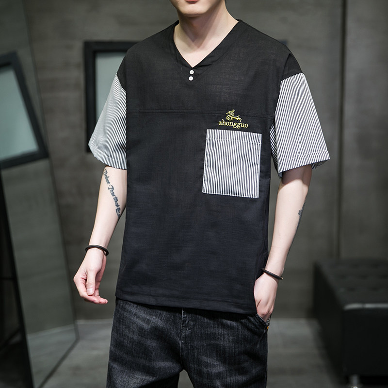 男士夏季短袖T恤棉麻风大码潮印花刺绣透QT4066-T2111,男装T恤,电商A227