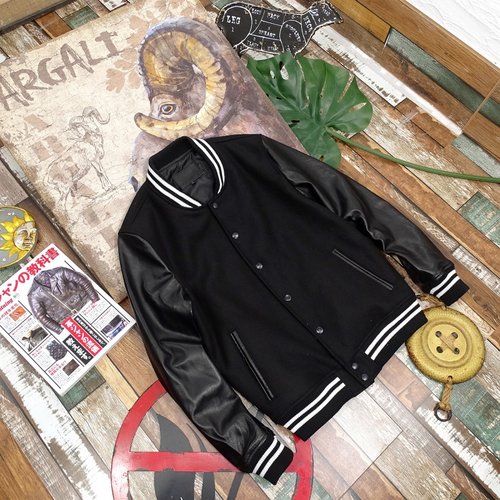 日系短款羊毛棒球服真皮皮衣