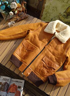【一眼惊艳】落日黄色原生态羊皮毛一体大码飞行员A2空军皮衣