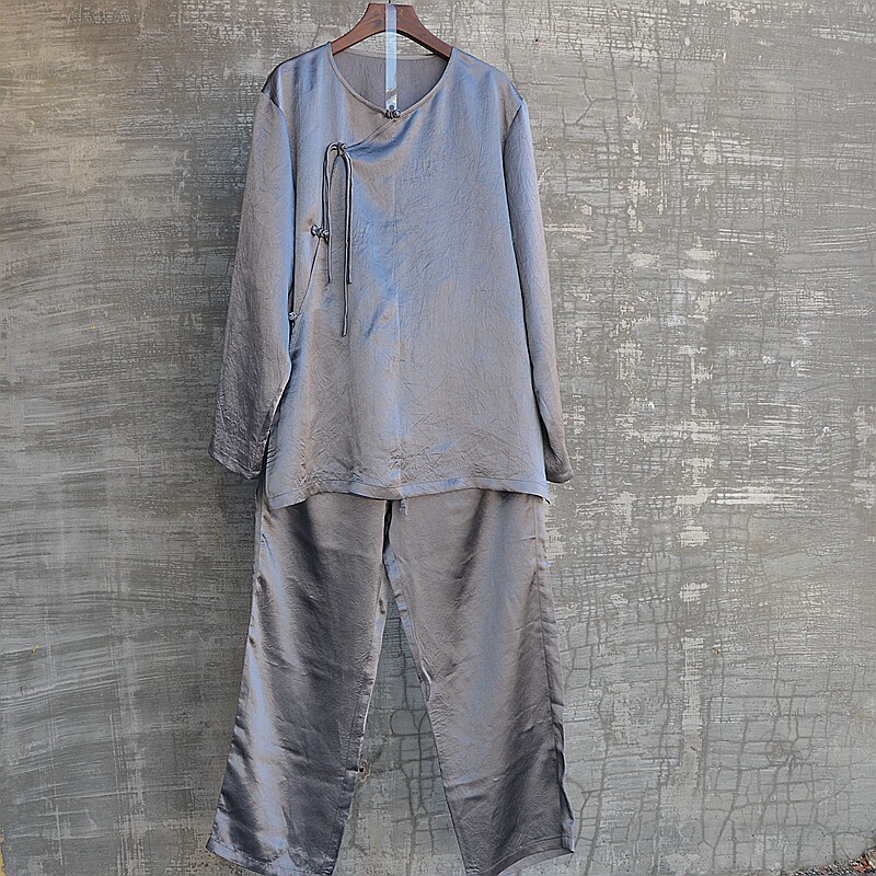 중국 스타일 남성용 아세테이트 매끄러운 광택 칼라리스 빅 브레스트 셔츠와 바지 투피스 세트 전국 트렌드 멋스럽고 패셔너블함