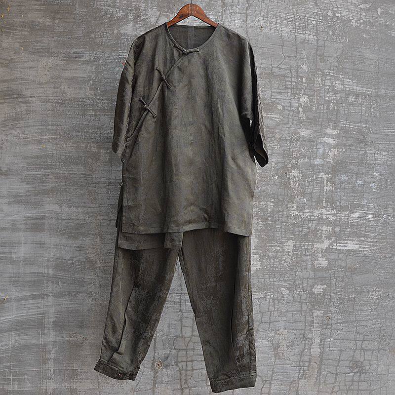 독창적인 새로운 디자인 라운드 넥 분할 소매 9부 바지 투피스 세트 복고풍 중국 스타일 셔츠 자카드 봄 여름 국가 트렌드 국가 스타일