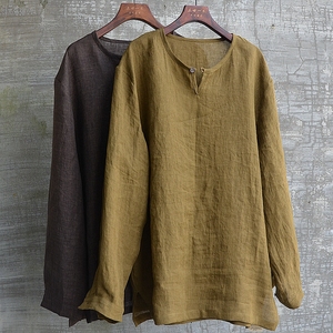 中国风男装亚麻衬衫透气吸汗四季通用长袖套头衫休闲宽松简约帅气