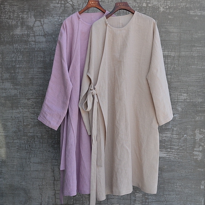 复古中国风斜襟长袍汉麻连衣裙