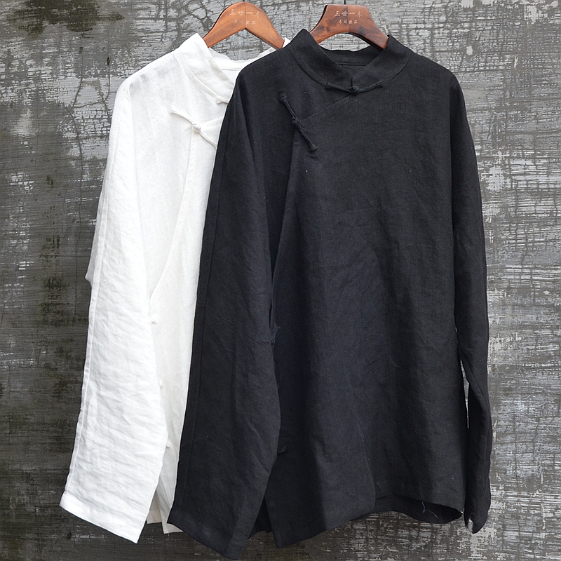三世一木立领长袖盘扣亚麻衬衫