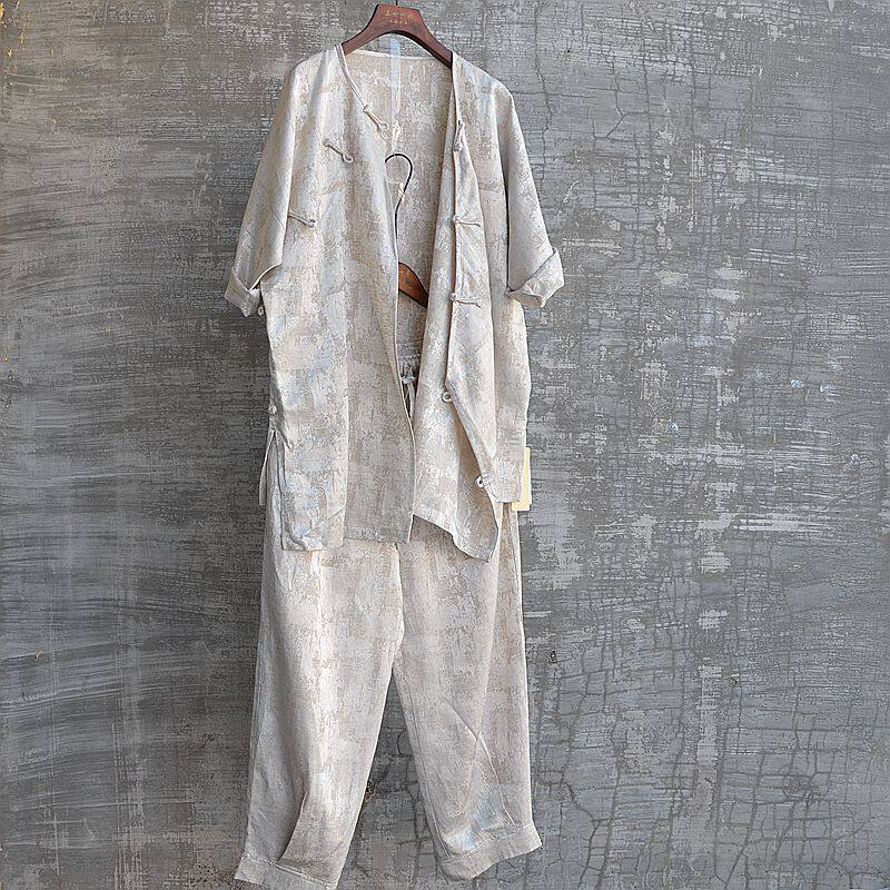 독창적인 새로운 디자인 라운드 넥 분할 소매 9부 바지 투피스 세트 복고풍 중국 스타일 셔츠 자카드 봄 여름 국가 트렌드 국가 스타일