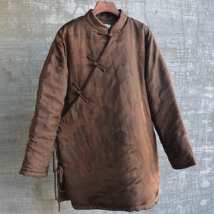 女款加厚温暖的棉花棉袄棉衣复古咖啡色提花唐装中长短袍宽松大码