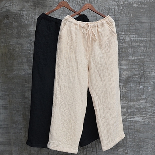 极简风亚麻休闲裤男女宽松直筒长裤松紧腰百搭大码束脚裤显瘦帅气