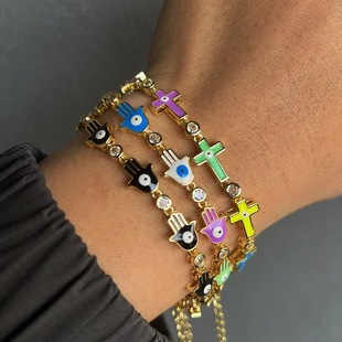 彩色法蒂玛之手 十字架滴胶男女同款手链嘻哈情侣多巴胺手饰 潮流