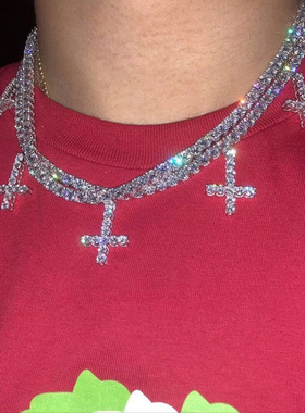 新款嘻哈锆石项链 Higher GangGang同款一排五个十字架 说唱配饰