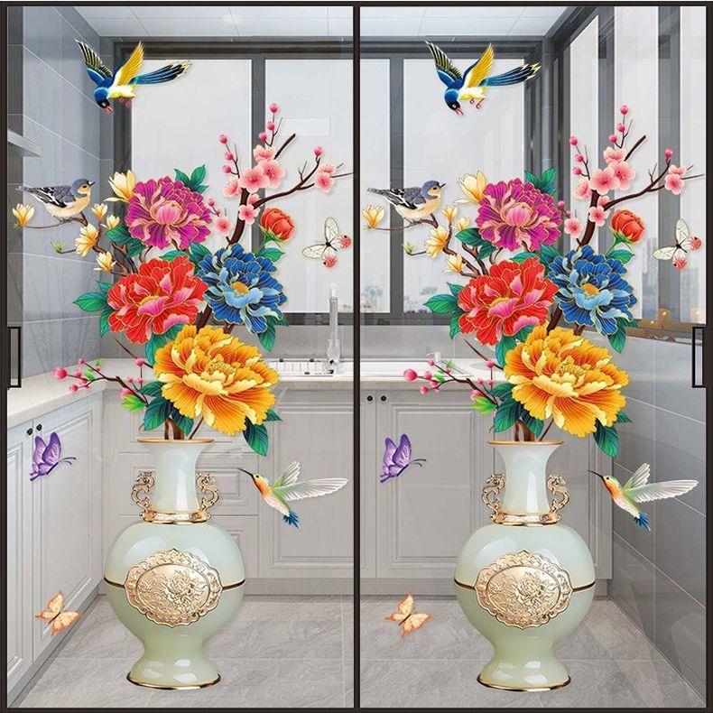 爆款植物花瓶花卉风格房间客厅玻璃背景墙面布置壁纸家居装饰贴画图片