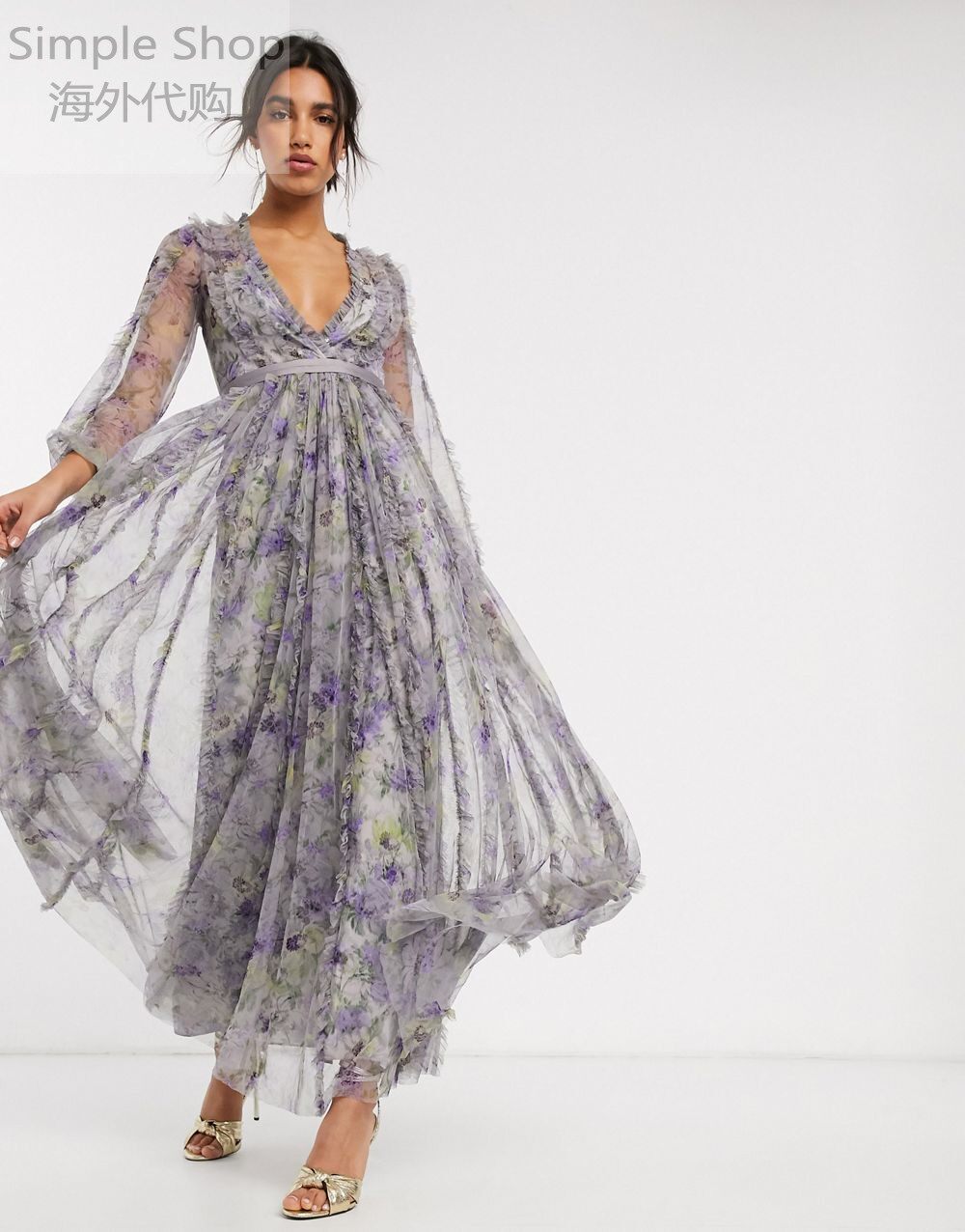 英美正品代购女装新款 高级马克西礼服收腰深v紫色印花飘逸长纱裙|msdalam kategori Butik wanita / wanita, pakaian - dari Buy2taobao.com untuk memberikan perkhidmatan ejen Taobao profesional membeli