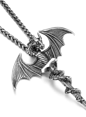 钛钢翼龙缠绕十字架长剑潮男项链