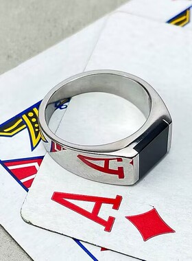 底照魔术高清镜面认牌戒指不掉色钛钢黑石简约潮流个性商务指环