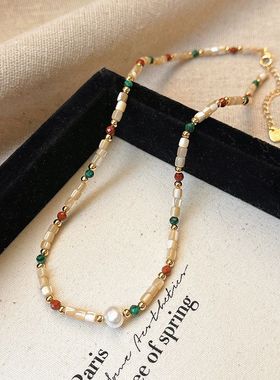 钛钢天然石贝壳淡水珍珠项链女气质轻奢时尚颈链孔雀玛瑙锁骨链