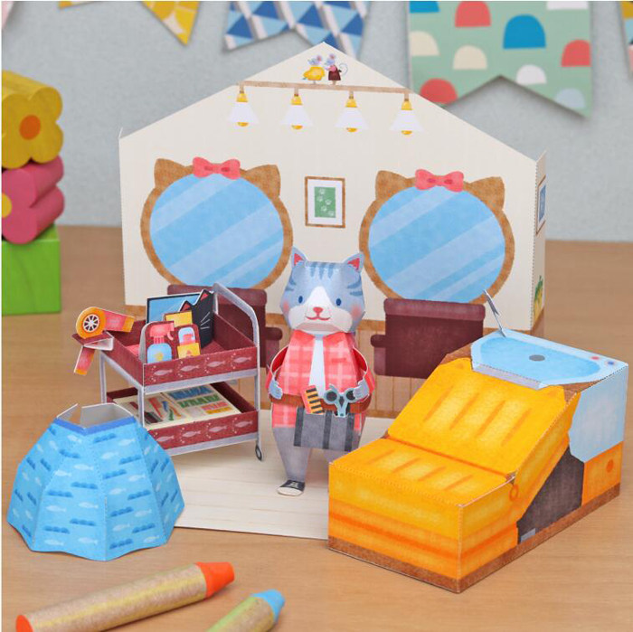 卡通小商店理发店小屋3d立体纸模型diy手工制作儿童益智折纸玩具