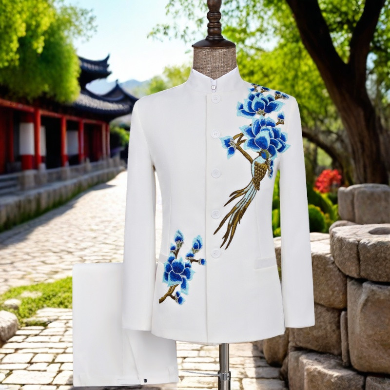 新中式白色中山装男士刺绣演出服舞台礼服主持人服装2026新款