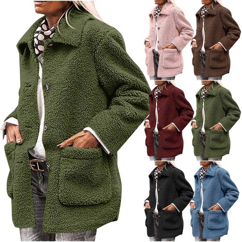 长袖翻领口袋羊毛休闲时尚人造外套