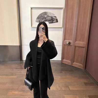 斗篷2.0|双面羊毛大衣女黑色外搭秋冬爆款不规则下摆羊毛翻领大衣