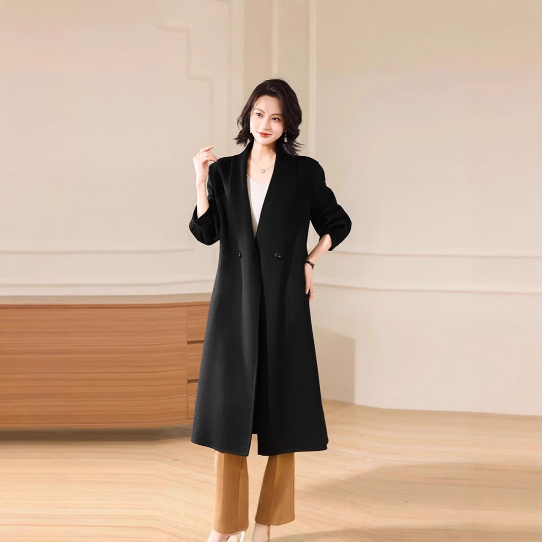 2025秋冬长款V领双面羊毛呢大衣女系带气质无领灯笼袖羊毛呢子外
