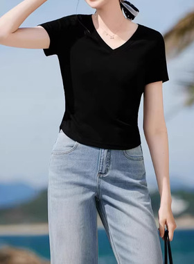 t恤女2026夏季新款小个子修身正肩掐腰短款v领上衣T96S108B