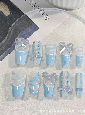 心蓝色甜美蕾丝蝴蝶结新款显白纯手工穿戴甲中长款美甲指甲贴