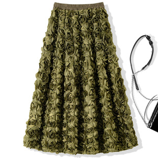 时尚 新款 立体花朵松紧腰玫瑰花裙大摆半身裙 2025年秋装 B1975