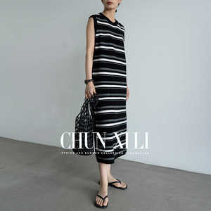 春熙里/chunxili 早秋新品长裙条纹无袖修身全羊毛针织裙连衣裙