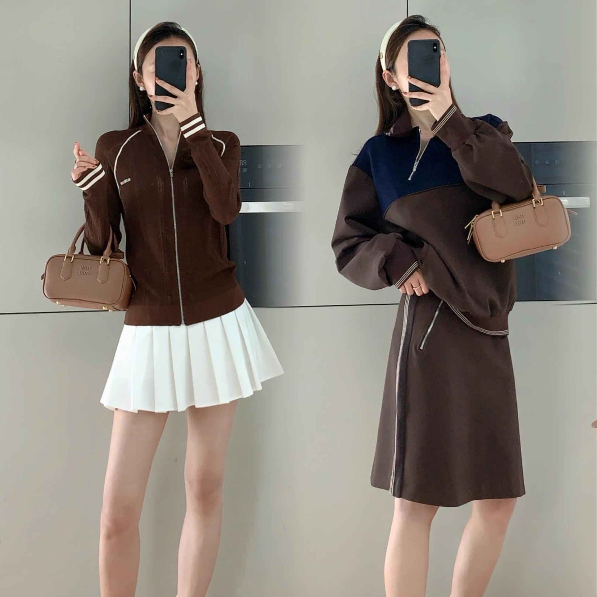 【Highline系列】美拉德焦糖棕Miu系拉链外套+斜拉链卫衣+半身裙