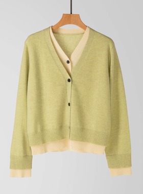 【Highline系列】绝美调色~Mo*羊绒V领撞色假两件针织衫开衫秋冬