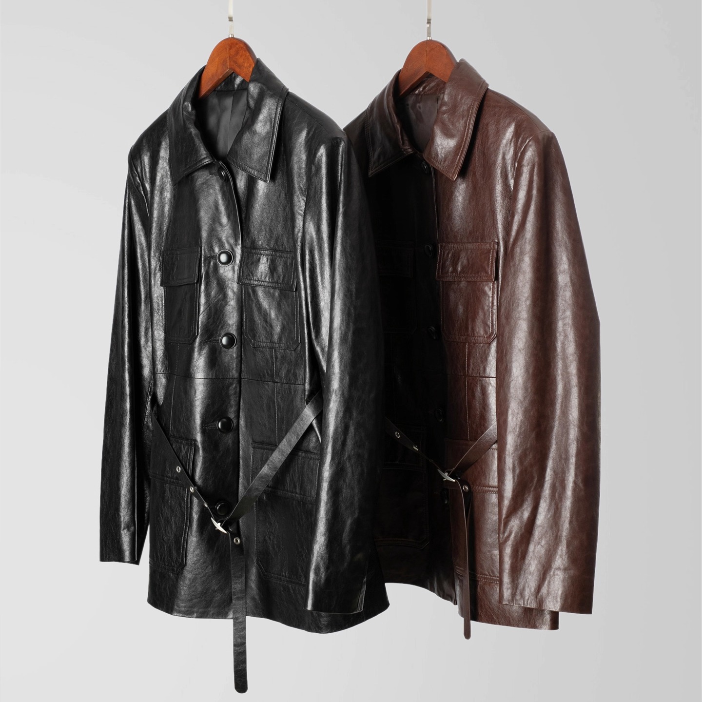 头层油蜡湖羊皮腰带皮衣中长外套