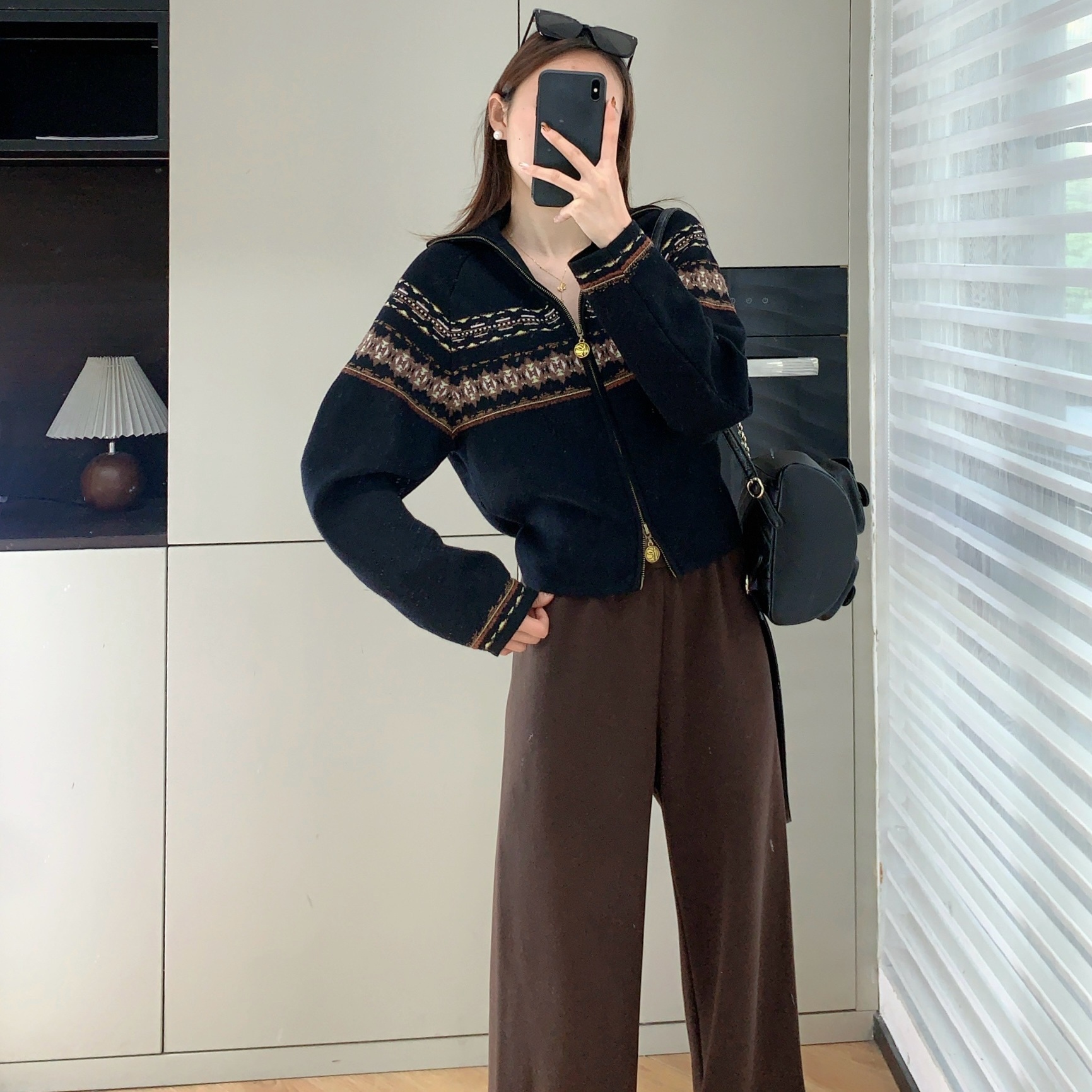 翻领双拉链针织开衫外套冬