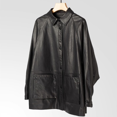 植鞣绵羊皮翻领衬衫式皮衣外套