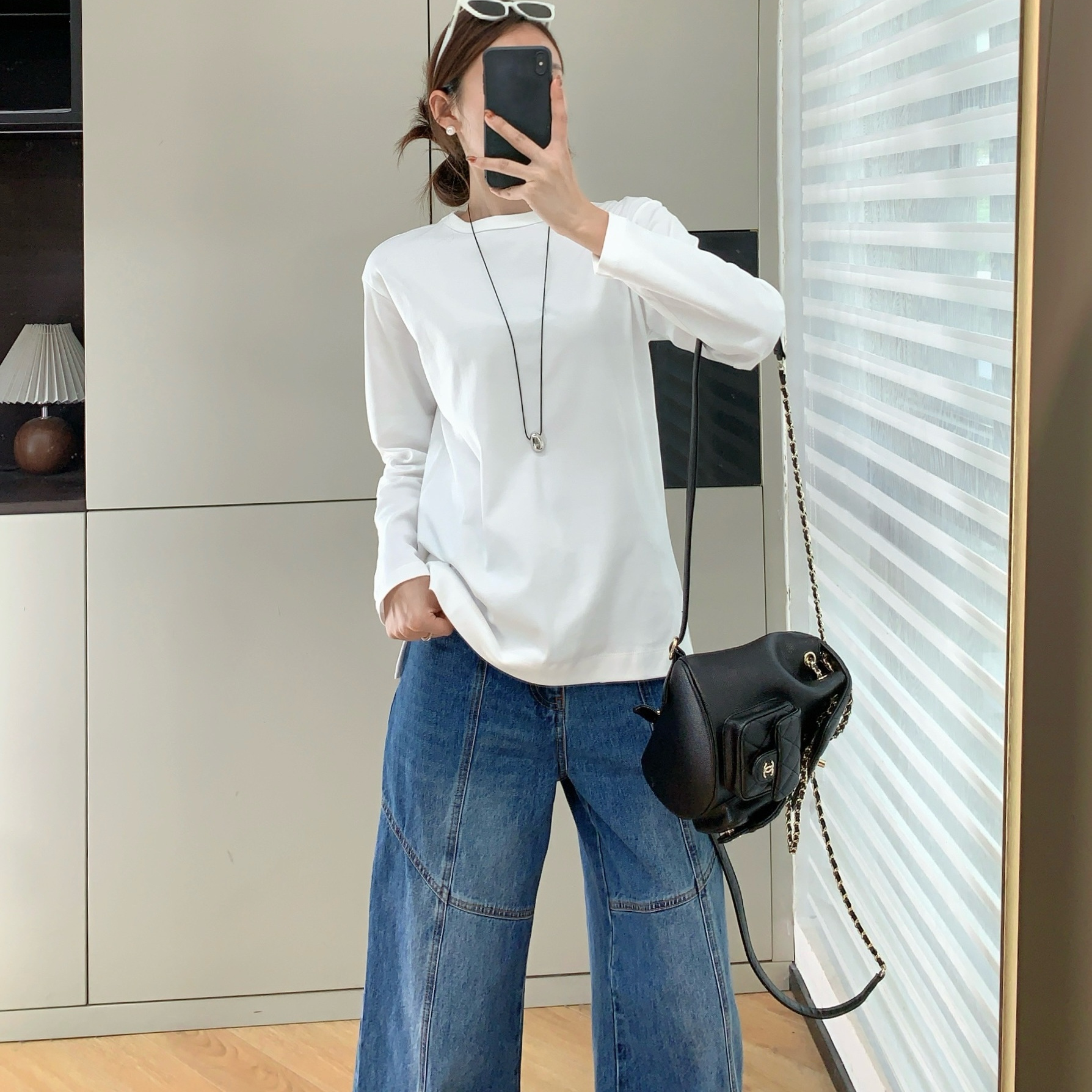 匹马棉开叉长袖T恤宽松显瘦打底