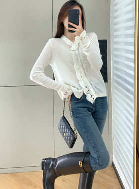 jue美手工钩花~羊毛羊绒混纺轻薄针织开衫荷叶边镂空百搭打底衫