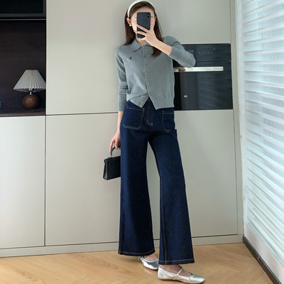 微喇牛仔四面弹直筒高腰喇叭长裤