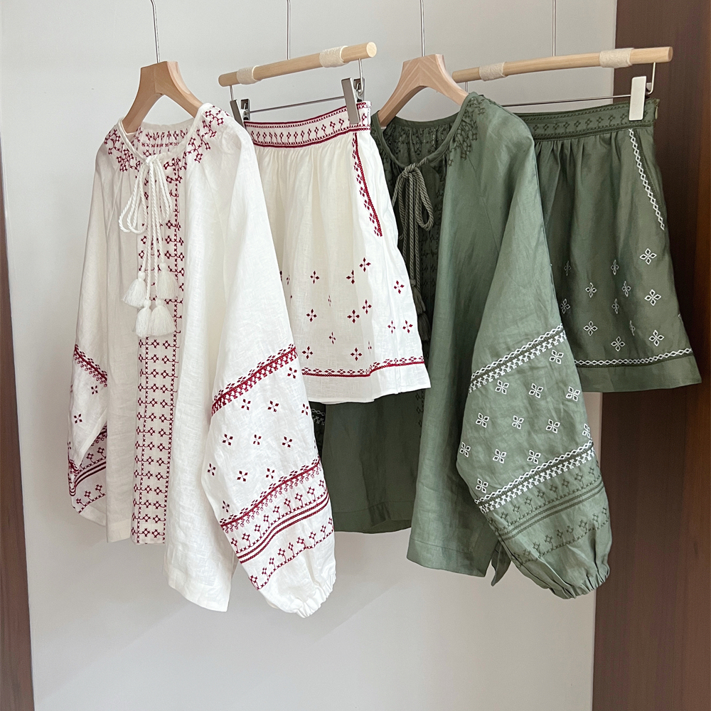 重工刺绣亚麻复古流苏上衣+裙裤