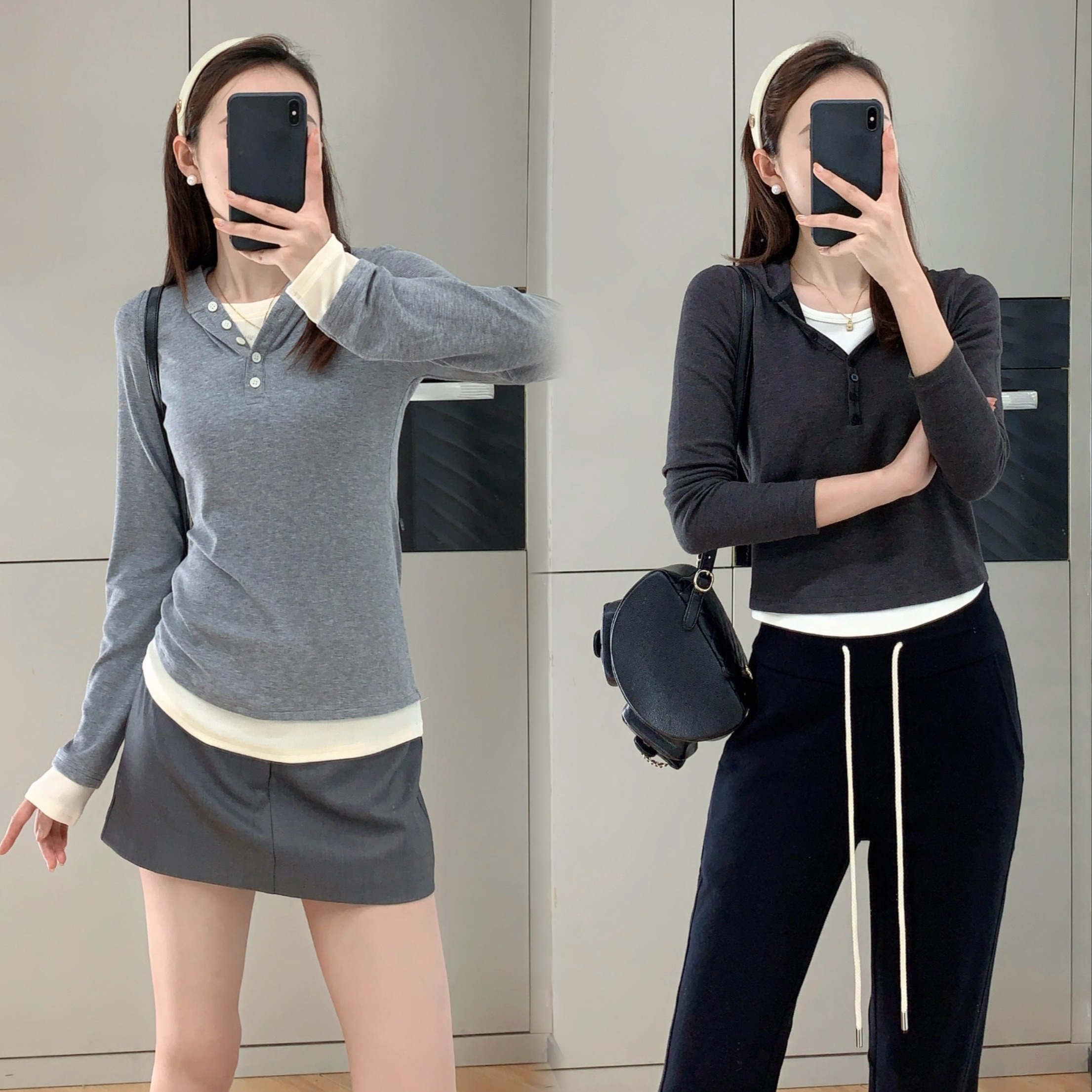 假两件连帽天丝羊毛logo烫钻T恤