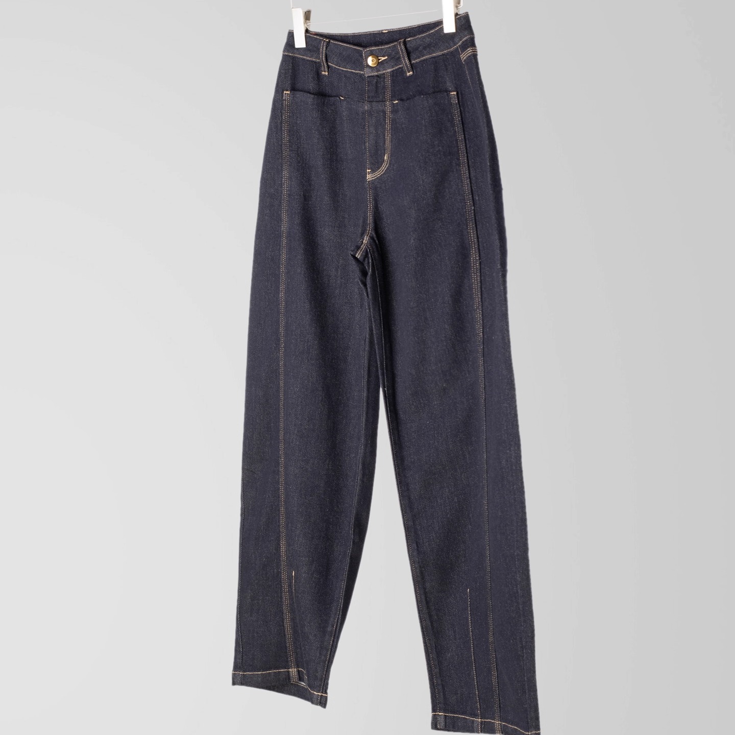 一字袋明线高腰小弯刀牛仔裤