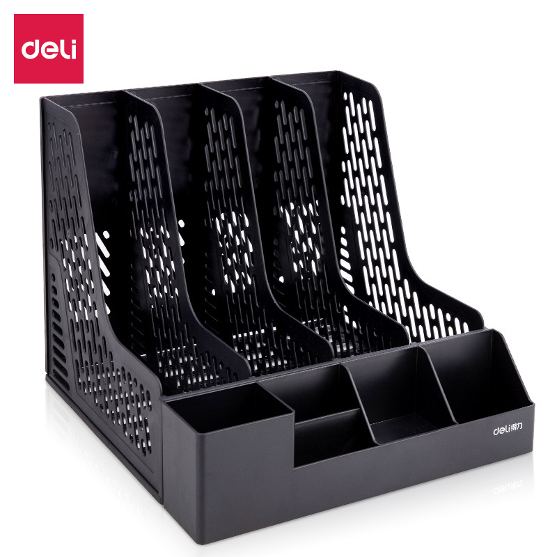 得力78981文件架四联文件栏资料架带笔筒办公收纳盒文件栏文件筐