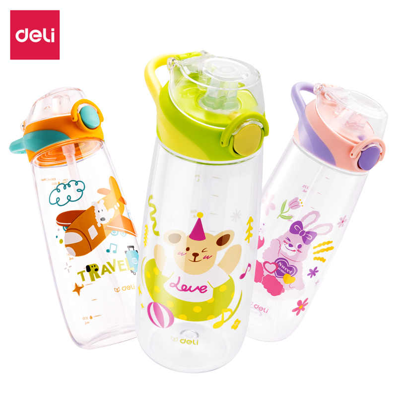 得力LL306随手杯690mL彩盒装弹盖双饮口带吸管便携水杯安全材质