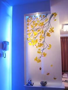 鞋柜上雕刻工艺术玻璃透光双面钢化玄关屏风门银杏树下幸福长寿果