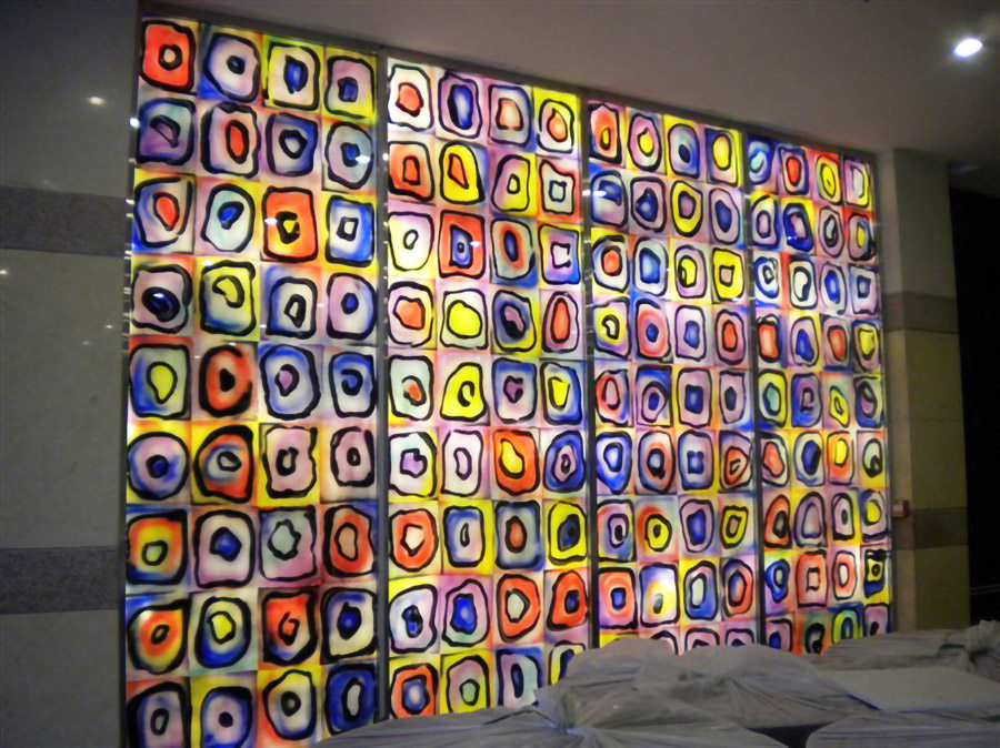 蒂凡尼彩色整片钢化雕刻工艺术玻璃玄关隔断窗户门芯七彩绚丽圆圈