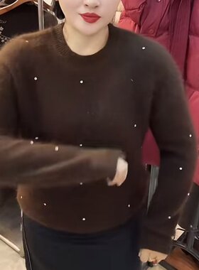 咖啡色重工细闪圆领毛衣女秋冬长毛貂绒衫宽松慵懒风高级感打底衫