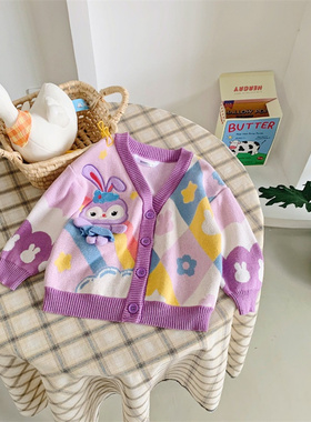 女童星黛lu针织开衫外套甜美秋装春秋款宝宝纯棉紫色卡通毛衣洋气